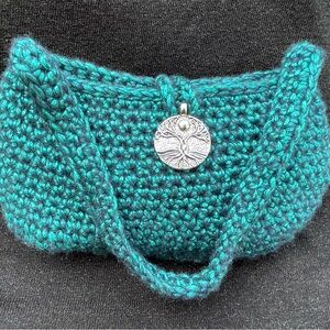 Teal Crochet Handbag with Silver Pendant